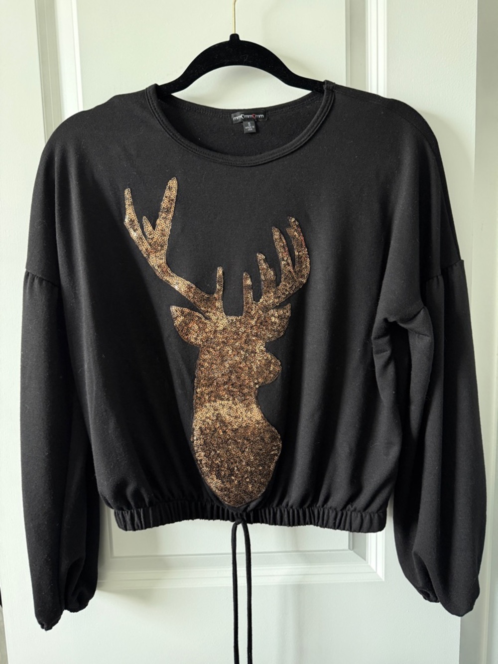 Macy's Black Long-Sleeve Tee with Gold Sequin Deer